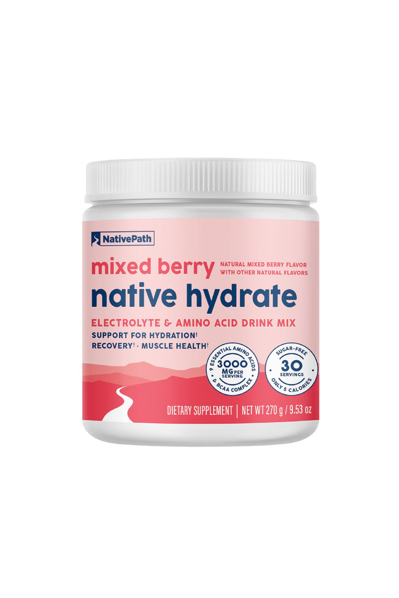 NativePath Hydrate Electrolyte Powder, Mixed Berry, 30 Servings | 14 Vitamins & Minerals, 9 Aminos & 2000mg BCAAs, Zero Sugar, Supports Hydration & Recovery, Stevia, Keto 9.53 Ounce (Pack of 1)