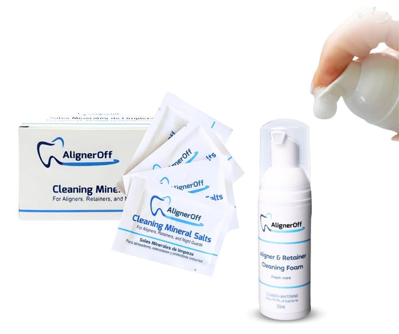 Cleaning Bundle- Retainer Cleaning Foam & Cleaning Crystals for Aligners, Retainers, Night Guards, & Dentures - Deep Cleaning, Whitening, Cavity Defense-Gentle and Efficient Formula
