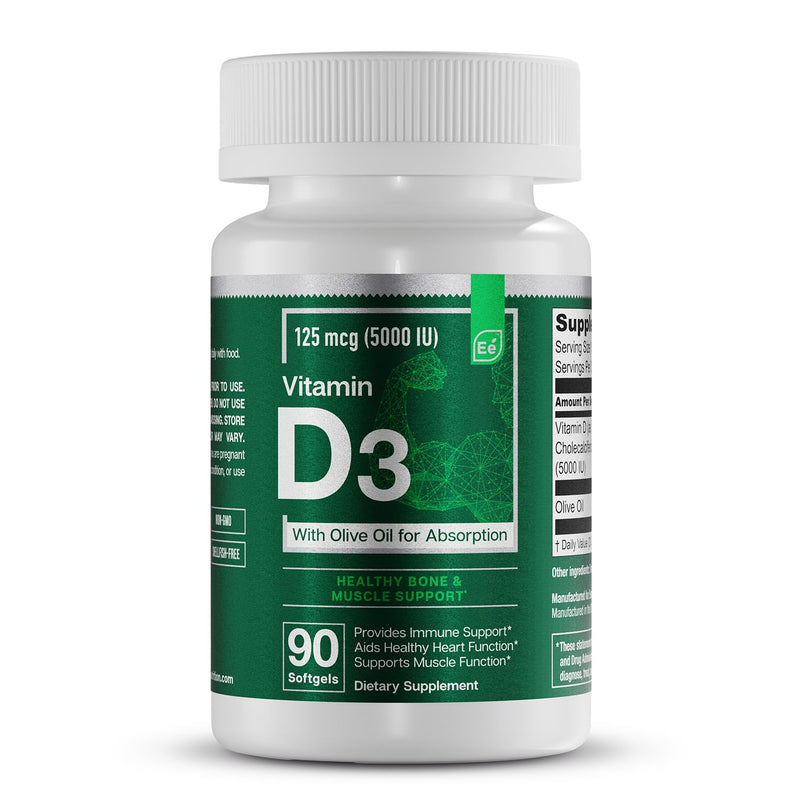 Essential Elements Vitamin D3 5000 IU - Softgels with Olive Oil - Bone, Muscle, & Immune Support - 90 Count 90 Count (Pack of 1)