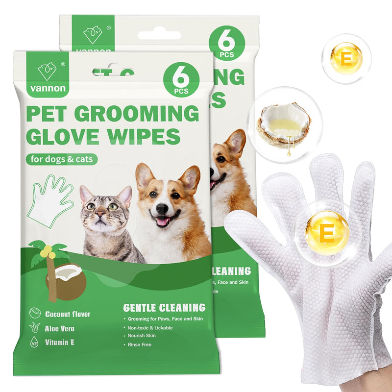 Vannon Extra Thick Pet Bathing Wipes for Dogs & Cats, Cleaning & Odor-Controlling Grooming Gloves, Nourish Fur Glove Wipes for Daily Care and Traveling, Rinse Free, Coconut Scent, 2 Pack, 12 PCS B-Coconut Scent 2pack - PawsPlanet Australia