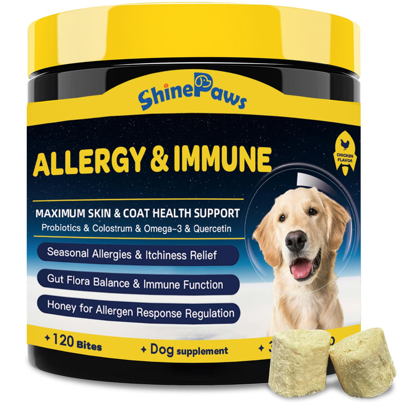 Dog Allergy Relief Chews, Itch Relief for Dogs, Colostrum, Probiotics for Dogs Support Immunity, Omega 3, Honey for Dry & Itchy Skin Relief, Seasonal Allergy, Pawlicking, Hot Spot Treatment, 120 Bites 120 Counts - PawsPlanet Australia