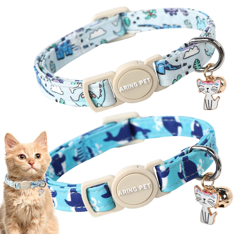 ARING PET 2 Pack Cat Collars-Cute Breakaway Cat Collar with Bell & Pendant, Adjustable Blue Whales&Dinosaur Pattern Kitten Collars with Safety Buckle for Girl and Boy Cats Dinosaur&Whales - BeesActive Australia