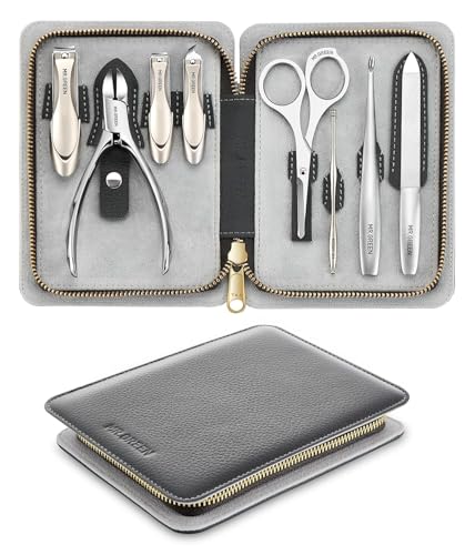 Manicure Set 8 in 1,Professional Pedicure kit,Stainless Steel Manicure Kit,Portable Travel Grooming Kit Nail Care Tools,Nail Clippers Pedicure Tools with Leather Travel Case(Dark Brown)