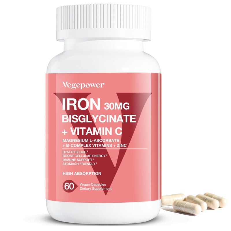 Iron Bisglycinate Supplement for Women - 30mg Iron, 60 Vegan Caps | with Vitamin C, B12, Folate for High Absorption, Chelated Iron for Anemia & Energy Support - Gentle on Stomach, Non-GMO Unflavored 60 Count (Pack of 1)