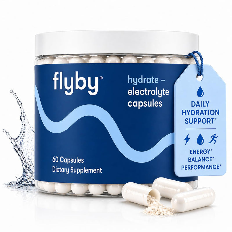 Flyby Electrolyte Capsules, No Added Sugar, Non-GMO - 60 Count | Sodium, Potassium, Vitamin D3, B Vitamins, Copper & Manganese. Sugar-Free Hydration and Energy On The Go. 30 Days Supply Unflavored - Capsule
