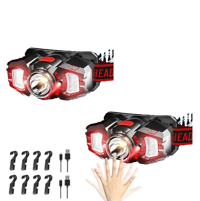 2 Headlamps, White&Red LED Headlamp, 70° Up&Down Adjustable, 4 Clips, Motion Switch, 800 Lumens, 500 Feet Distance and 10 Hours Running Time MAX, IPX5 Waterproof, for Camping, Hiking, Fishing 2 PCS