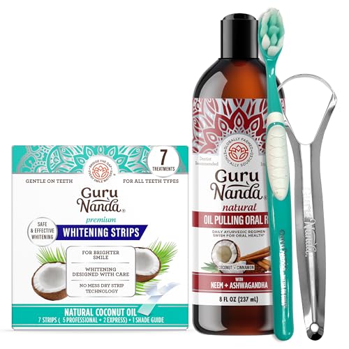 GuruNanda Ashwagandha Oil Pulling (8 Fl Oz) - 100% Pure Blend of Coconut with Essential Oils & Vitamins and Teeth Whitening Strips (7 Treatments)