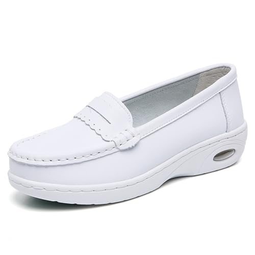 Women's Air-Cushion Orthopedic Slip-On Nurse Shoes Fashion Round-Toe Wedge Heel Thick-Soled Comfortable Arch Support Walking Loafers 5 White