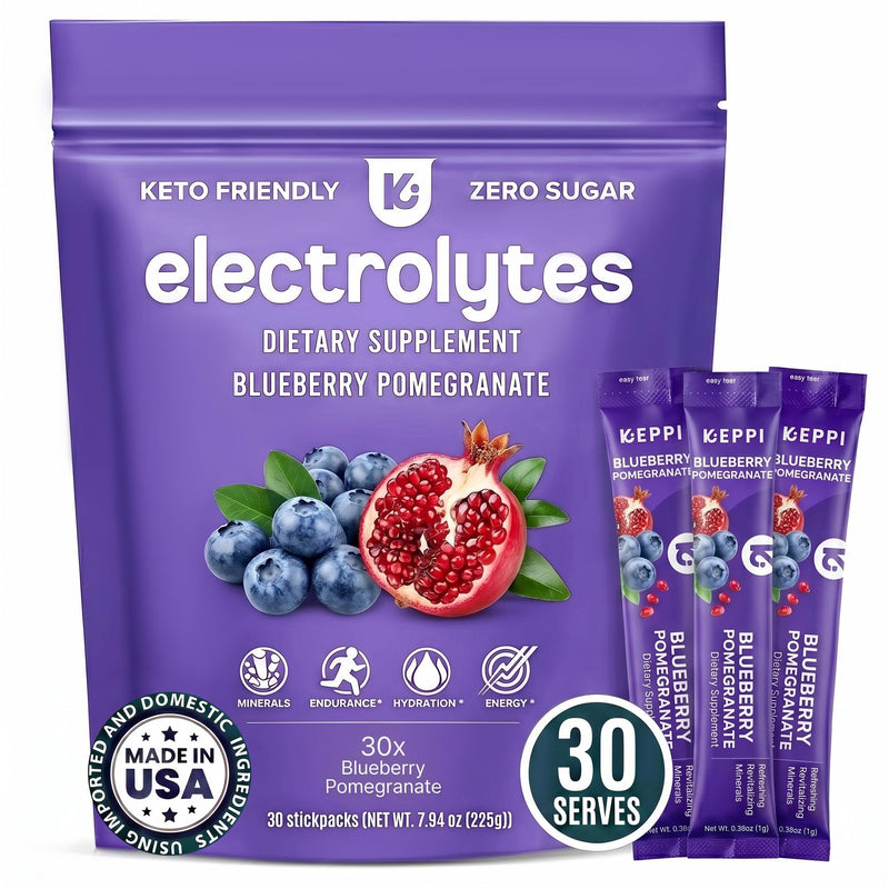 Keppi Electrolytes Powder Packets – Blueberry Pomegranate 30 Servings – No Sugar Hydration Supplement with Potassium, Magnesium, Sodium – Keto, Vegan, Fasting-Friendly, Zero Calorie Hydration Packets 30 Servings - Stick Packs
