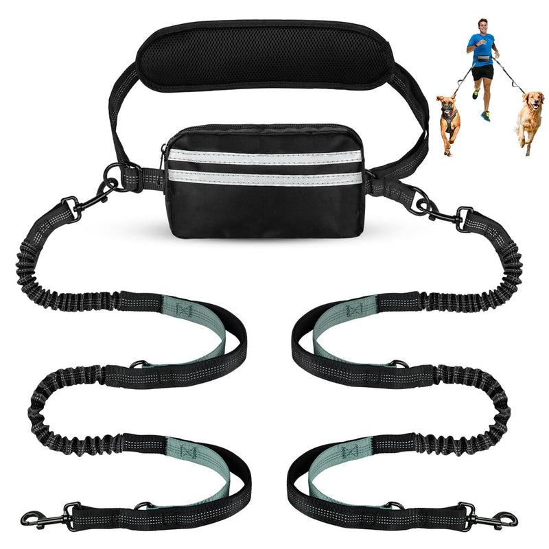 Hands Free Dog Leash with Pouch, Double Leash for Two Dogs, Retractable Bungee with Double Padded Handles, Dog Waist Leash for Dog Walking, Running Leash for Dogs, Dog Walking Accessories 2 Leashes Black/Grey - BeesActive Australia