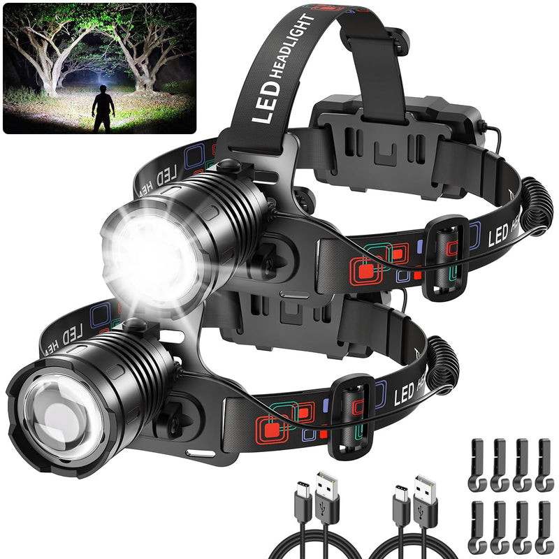 High Lumen Rechargeable Headlamp, Super Bright Head Lamp, 90°Angle Head Lights for Forehead, Adjustable Focus Headlight, 4Mode LED Headlamp Rechargeable, Headlamps for Adults Hard Hat Camping (2Pack) 2Pack