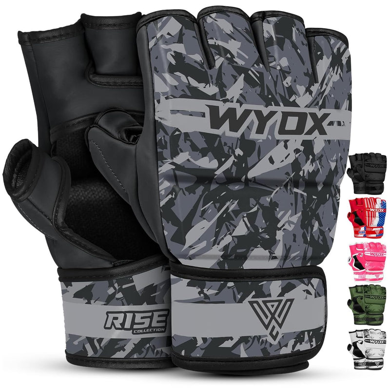 WYOX MMA Gloves for Men & Women – Grappling & Sparring Boxing Gloves with Open Palm Design, Padded Fingerless Training Gloves for Kickboxing, Muay Thai L / XL (21-27 cm) Grey Camo