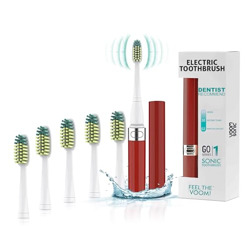 Voom Sonic Go 1 Series Travel Electric Toothbrush + 4PK Brush Heads, Travel Toothbrushes - Battery Operated Toothbrush for Adults & Kids, Portable with 2 Minute Timer (Metallic Red)