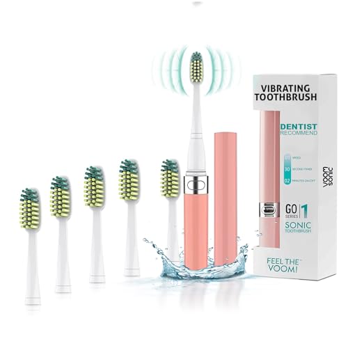 Voom Sonic Go 1 Series Travel Electric Toothbrush + 4PK Brush Heads, Travel Toothbrushes - Battery Operated Toothbrush for Adults & Kids, Portable with 2 Minute Timer (Pink)