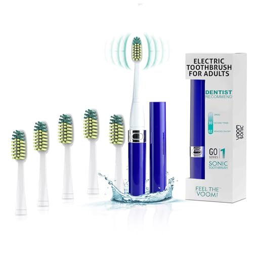 Voom Sonic Go 1 Series Travel Electric Toothbrush + 4PK Brush Heads, Travel Toothbrushes - Battery Operated Toothbrush for Adults & Kids, Portable with 2 Minute Timer (Royal Blue)