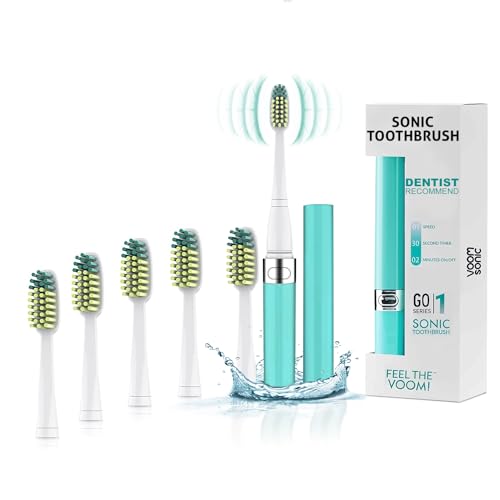 Voom Sonic Go 1 Series Travel Electric Toothbrush + 4PK Brush Heads, Travel Toothbrushes - Battery Operated Toothbrush for Adults & Kids, Portable with 2 Minute Timer (Hawaiian Blue)