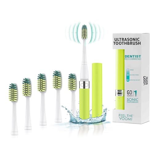 Voom Sonic Go 1 Series Travel Electric Toothbrush + 4PK Brush Heads, Travel Toothbrushes - Battery Operated Toothbrush for Adults & Kids, Portable with 2 Minute Timer (Yellow)