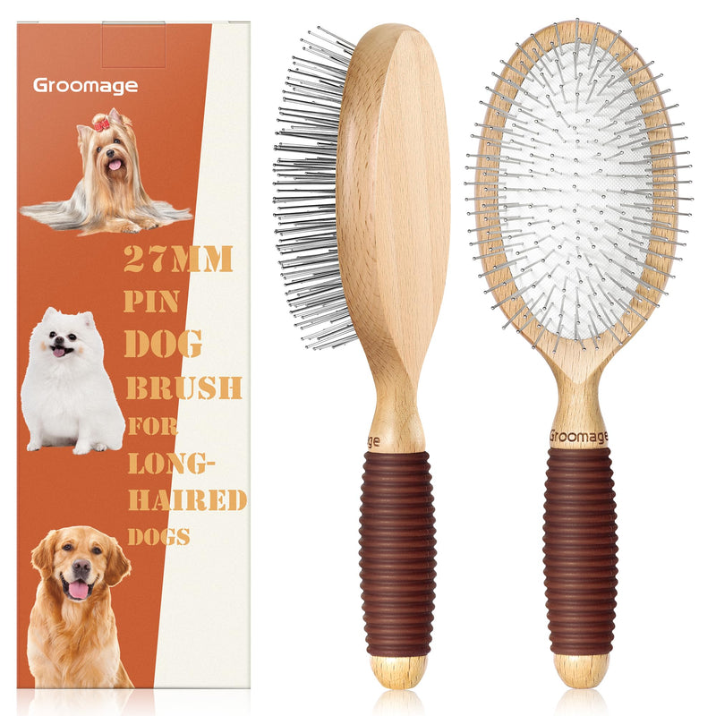 Dog Brush, Pin Brush for Dogs, 27mm Extra Long Pin Brush, Dog Grooming Brush for Shedding, Dog Brush for Long Haired Dogs - Beech Wood Material, Non-Slip Rubber Handle, Round-Tipped Pins 27mm Pins-Beech Wood - BeesActive Australia