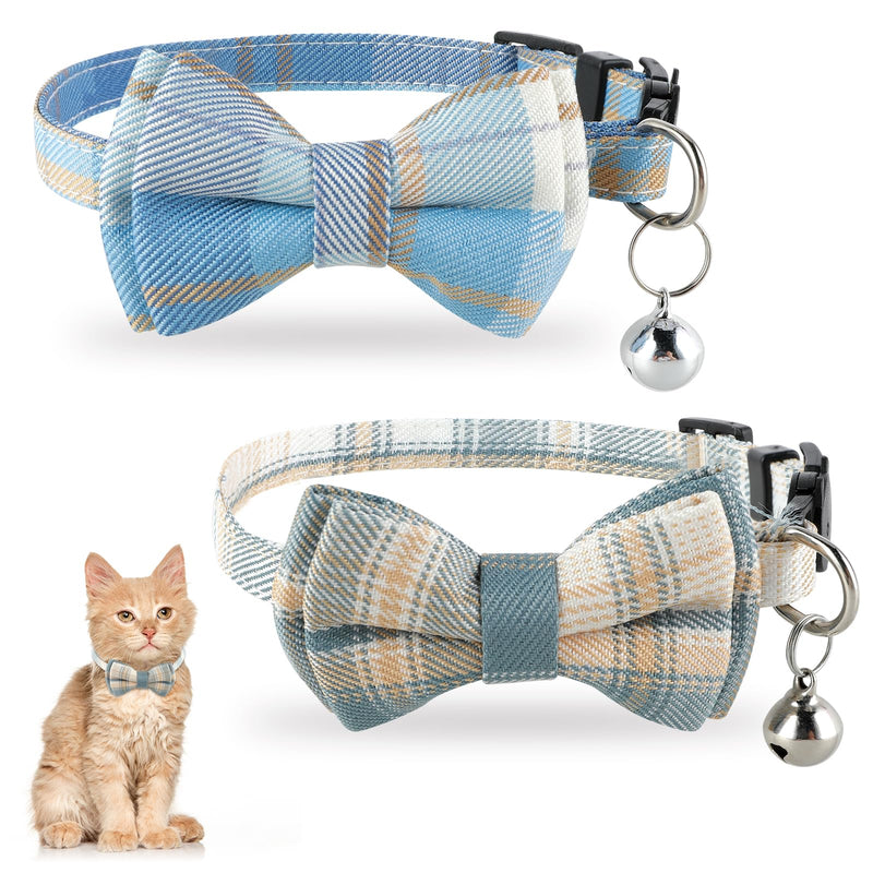 Jeffdad 2Pcs Cat Collar Breakaway, Cat Collar with Bells Bowtie Plaid Cat Collar Adjustable for Kitten Puppy and Small Pets (Blue and White Plaid) Blue and white plaid - BeesActive Australia