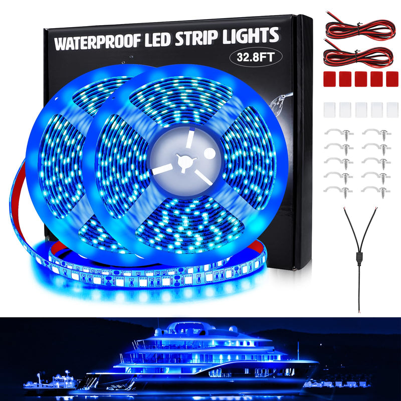 LED Boat Lights 32.8ft (2 Rolls of 16.4ft), Waterproof Boat Interior and Navigation Lights (Blue) 32.8FT Blue