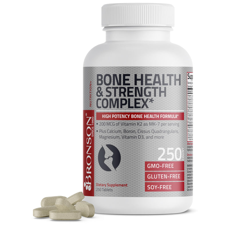 Bronson Bone Health & Strength Complex* High Potency Formula 200 MCG of Vitamin K2 as MK7, Plus Calcium, Boron, Cissus Quadrangularis, Magnesium, Vitamin D3, and More - Non-GMO, 250 Tablets 250 Count (Pack of 1)
