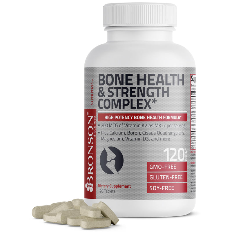 Bronson Bone Health & Strength Complex* High Potency Formula 200 MCG of Vitamin K2 as MK7, Plus Calcium, Boron, Cissus Quadrangularis, Magnesium, Vitamin D3, and More - Non-GMO, 120 Tablets 120 Count (Pack of 1)