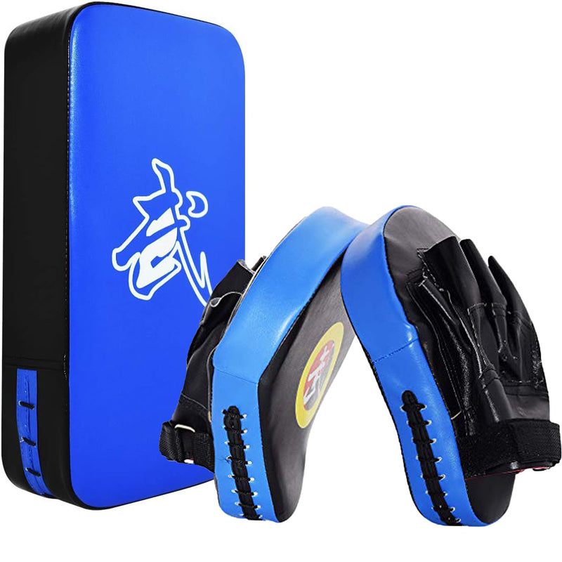 TLBTEK Taekwondo Kick Shield - Muay Thai MMA Karate Kickboxing Training Pads - Curved Leather Strike Shield Blue 2 punching mitts+1 kick pad
