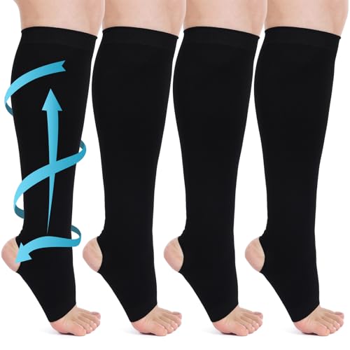 4 Pcs Open Toe and Open Heel Compression Stockings 20-30 mmHg Toeless Compression Anti Embolism Stockings Lower Leg Garment for Men Women Knee High Varicose Veins Edema Travelling