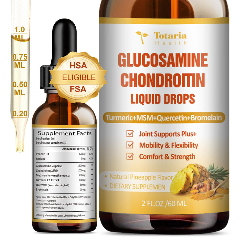 Glucosamine Chondroitin MSM Liquid Drops, Vitamin D3 - Joint Support Supplement for Mobility, Flexibility & Bones Chondroitin Sulfate Supplement Turmeric, Quercetin, Bromelain, MSM Oil 2 FL.OZ 2 Fl Oz (Pack of 1)