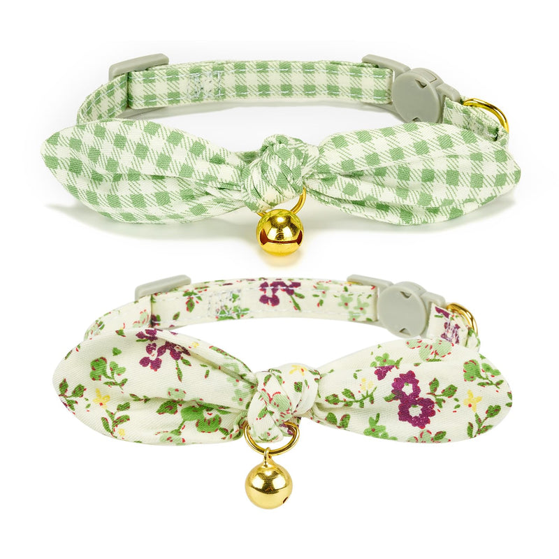 Bowtie Cat Collar with Bell, 2 Pack Cotton Breakaway Kitten Collars with Removeable Bow Stylish Cat Collars, Floral Green & Plaid 7.5-11.4 Inch (Pack of 2) Floral Green+Plaid - BeesActive Australia
