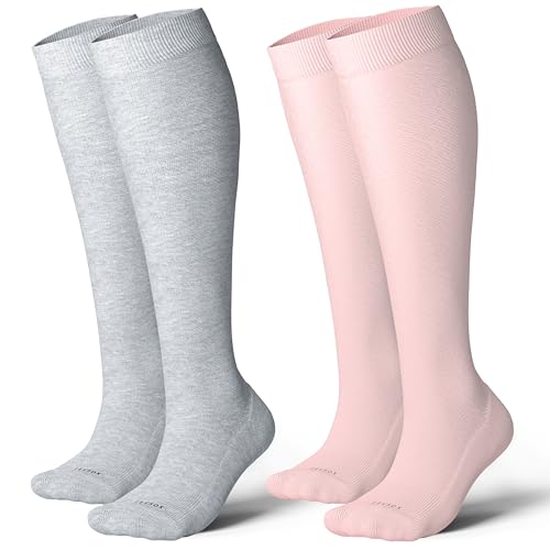 LEVSOX Cotton Compression Socks for Women&Men 20-30mmHg Knee High Cute Support Sock for Nurses Pregnancy Travel 2 Pairs-grey&pink Small-Medium