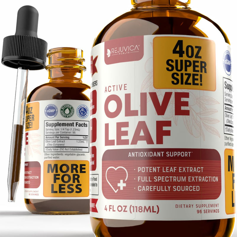 Rejuvica Health Active Olive Leaf 4oz XL Super Size Tincture - Advanced Olive Leaf Liquid Extract - Naturally Occurring Oleuropein - Immune & Heart Support Drops 4 Fl Oz (Pack of 1) - BeesActive Australia