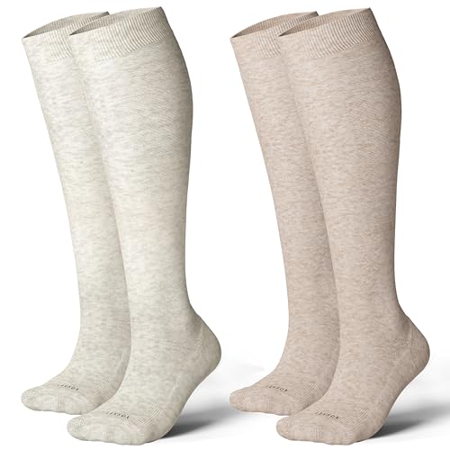 LEVSOX Cotton Compression Socks for Women&Men 20-30mmHg Knee High Cute Support Sock for Nurses Pregnancy Travel 2 Pairs-grey&beige Medium-Large
