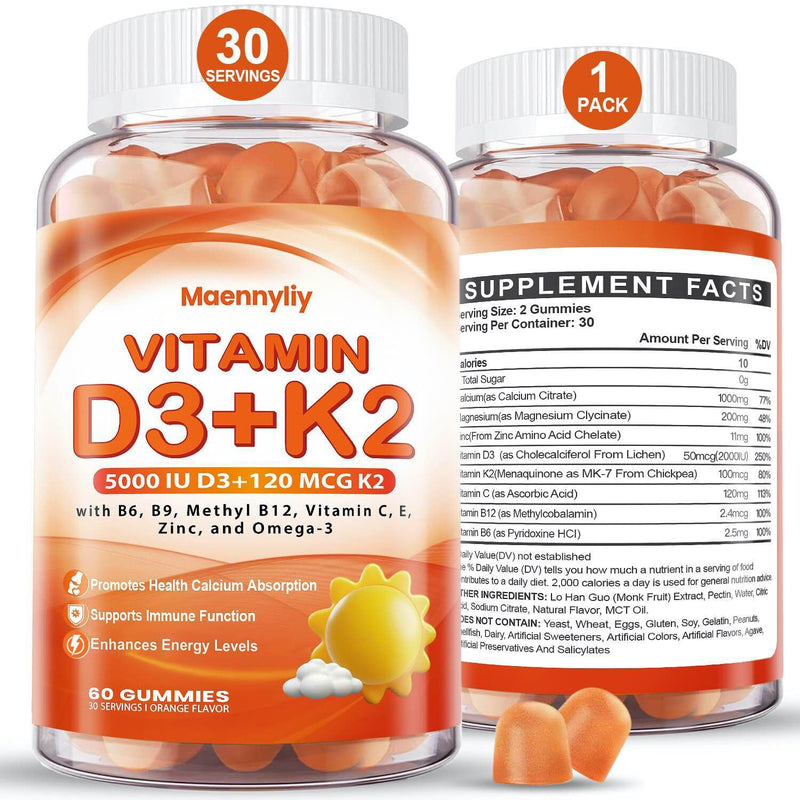 Maennyliy Vitamin D3 K2 Gummies for Adults: D3 5000IU + K2 (MK-7) 120mcg | D3 and K2 Supplements with Omega-3, Methyl B12, B9, B6, Vitamins E & Zinc - for Calcium Absorption & Overall Health Orange 60 Count (Pack of 1)