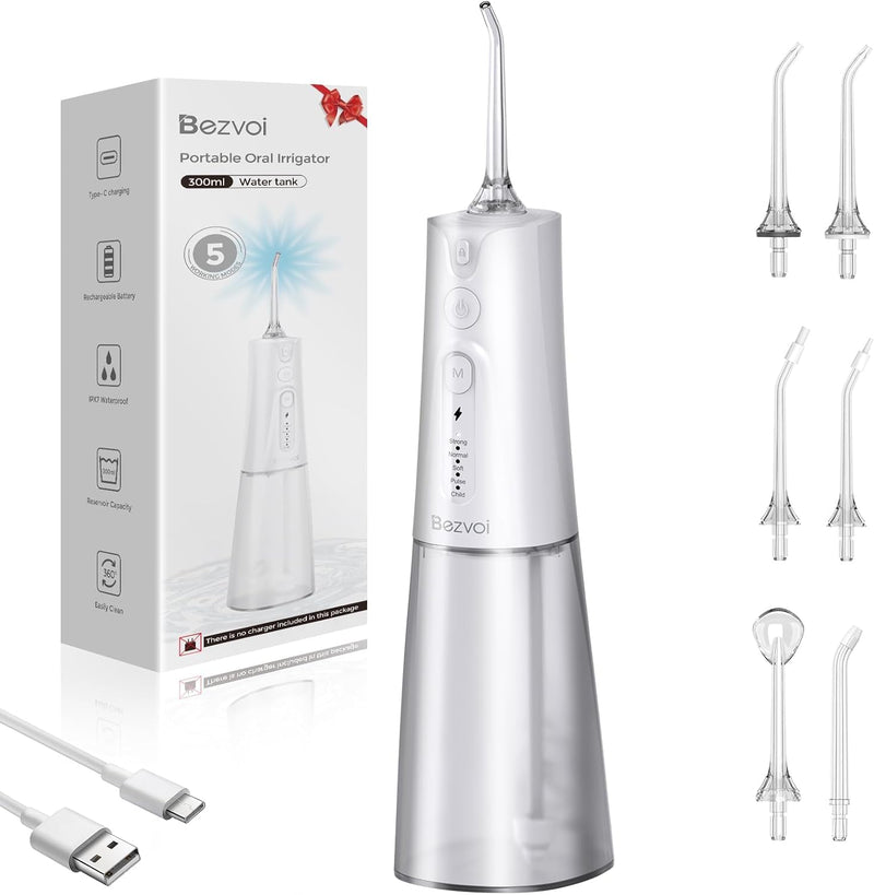 Bezvoi Water Flosser Teeth Pick: 5 Modes Cordless Water Dental Floss 300ML Portable Rechargeable IPX7 Waterproof Electric Water Flossing Cleaning Picks with 6 Jet Tips Oral Irrigator Cleaner, White