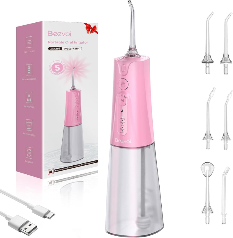 Bezvoi Water Flosser Teeth Pick: 5 Modes Cordless Water Dental Floss 300ML Portable Rechargeable IPX7 Waterproof Electric Water Flossing Cleaning Picks with 6 Jet Tips Oral Irrigator Cleaner, Pink