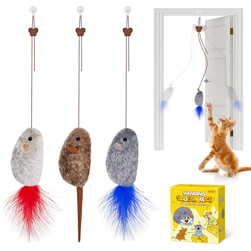 Potaroma Hanging Cat Mice Toys 3 Pcs with Squeaky Sound, Interactive Cat Teaser Retractable, Cat Toys Indoor Kitten Play Chase Exercise, Mental Physical Stimulation Max Extended Length 70 inches - BeesActive Australia