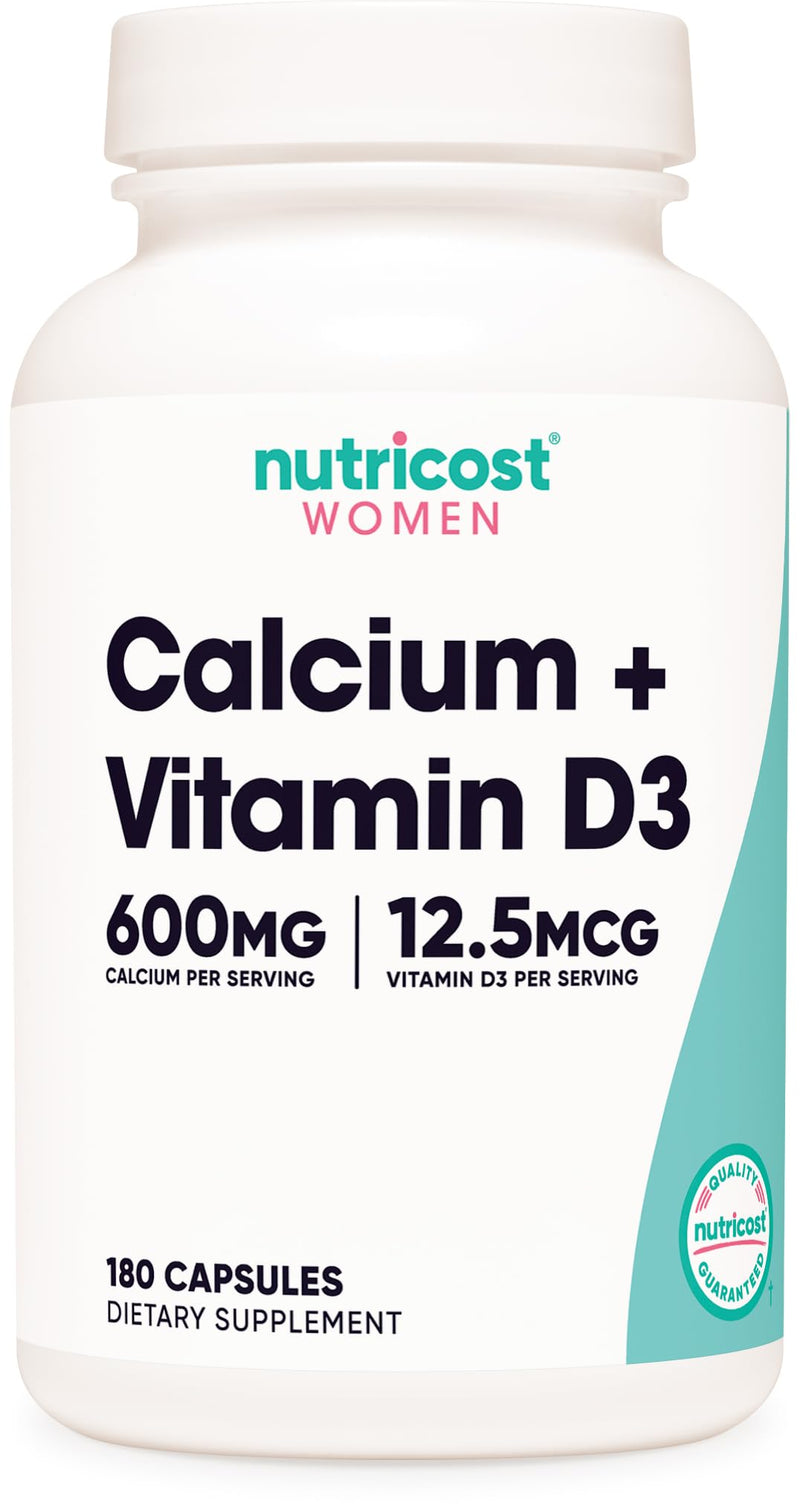 Nutricost Calcium (600mg) + Vitamin D3 (12.5mcg) for Women, 180 Capsules | Vegan, GMO-Free, Gluten-Free, 60 Servings