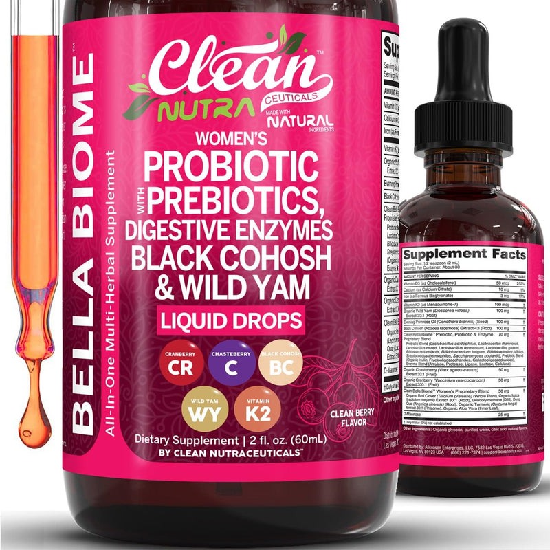 Liquid Probiotics for Women Drops with Chasteberry, Black Cohosh, Prebiotics, Digestive Enzymes, Evening Primrose Oil, Wild Yam, Cranberry Dmannose and Iron Vitamin D3 K2 Clean Nutra Bella Biotics 1
