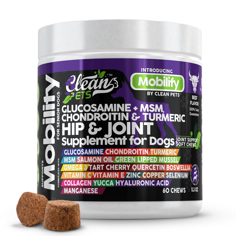 Clean Pets Hip and Joint Supplement Dogs with Glucosamine for Dogs + Chondroitin, Turmeric, Hyaluronic Acid, MSM, Salmon Oil, Collagen, Vitamin C, Omega 3 Senior Dog Supplements Beef Flavor - 1Pack 60 Count (Pack of 1)