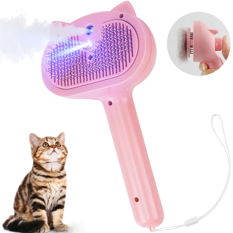 Cat Steam Brush for Shedding, 4 in 1 Steamy Cat Brush with Release Button, Self Cleaning Metal Pet Misting Hair Comb with Long Handle for Grooming Indoor Kitten Dogs(Pink) Pink - BeesActive Australia