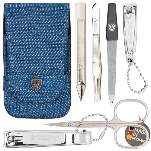 3 Swords Germany - brand quality 6 piece manicure pedicure grooming kit set for professional nail care with jeans textile case - Made in Germany TEXTILE BLUE JEANS