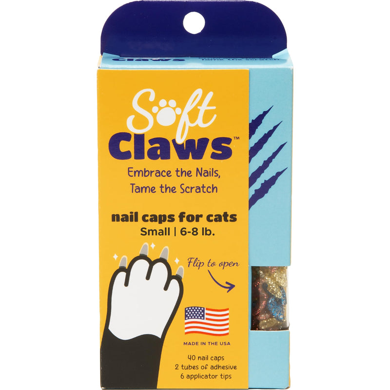 Soft Claws Nail Caps for Cats Made in USA - 40 Cat Claw Caps for 4-6 Weeks of Protection - Long-Lasting Cat Scratch Deterrent for Furniture - Sparkle Variety (Pink, Gold, Silver & Blue), Small Sparkle Variety (Pink, Gold, Silver & Blue) - BeesActive Australia