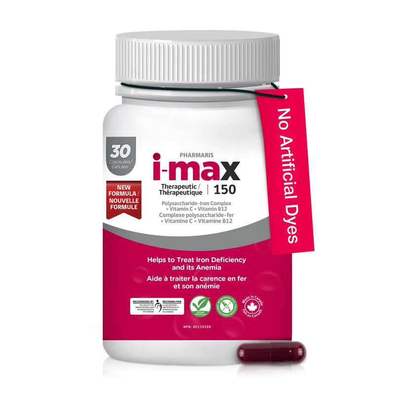 Pharmaris i-max 150 mg Elemental Iron Supplement, 30 Vegan Capsules | Polysaccharide Complex, Vitamin C 250 mg & B12 1000 mcg for Women & Men, Vegan, Gluten-Free, No Artificial Dyes, Once Daily 30 Count (Pack of 1)