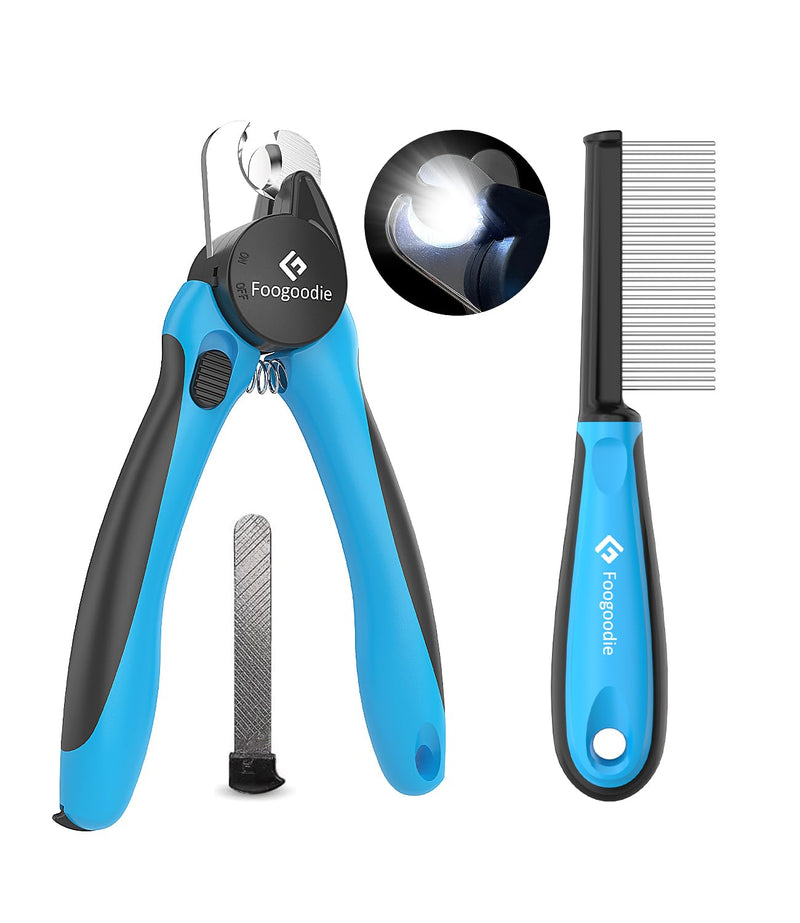Dog Nail Clippers with Light, 2 in 1 Dog Nail Trimmers with Safety Guard & Quick Sensor to Prevent Over-Cutting, Includes Pet Grooming Comb & Nail File, Ideal for Cats & Dogs Blue - BeesActive Australia