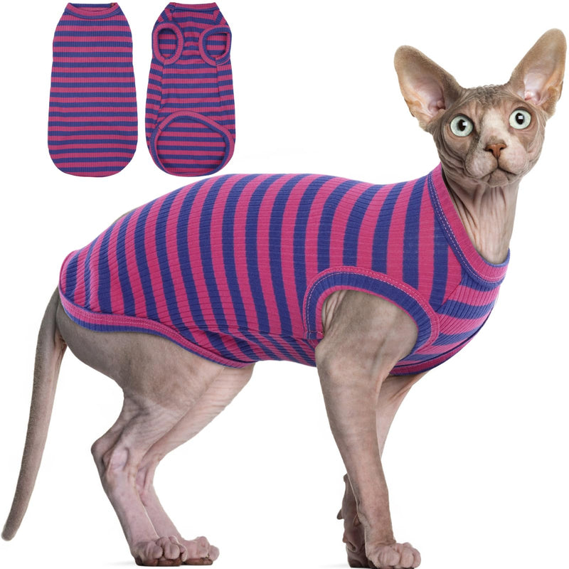 BRKURLEG Sphynx Hairless Cats Shirt Puppy Clothes Soft Cotton T-Shirts Cute Cats Pajamas Cat Stripes Vest Pet Clothes, Round Collar Vest Kitten Shirts(Pink-Blue Stripes, M) Medium PinkBlue Stripe - BeesActive Australia