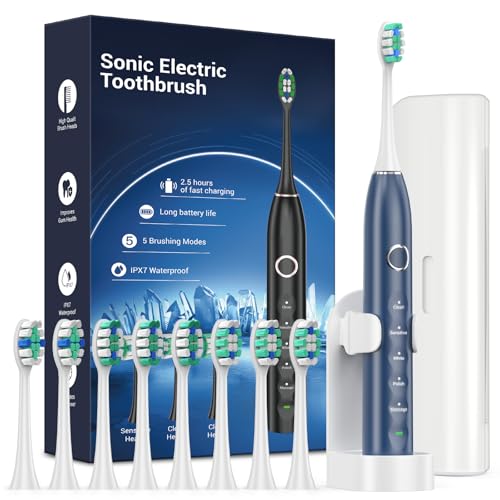 Rtauys S5 Electric Toothbrush Set IPX7 with 8 Brush Heads, Sonic Toothbrush for Adults Rechargeable with Travel Case, 2.5 Hours Charge for 120 Days, 5 Modes with 2 Minutes Built in Smart Timer Blue 1 Count (Pack of 1)