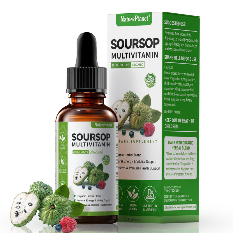 NaturePlanet Soursop Bitters Liquid 5000mg Immune Gut Support Vegan 2 Fl Oz | Soursop Multivitamin, 10 Herbal Bitters Blend, Soursop Extract, Digestive Health, Gluten-Free, Non-GMO, Nature's Heal