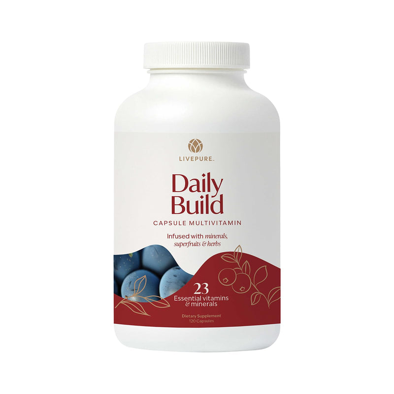 Pure Daily Build | 120 Capsules | Advanced Multivitamin Supplement | Vitamins, minerals & superfruits with Optisorb Blend | Supports overall wellness for the whole family