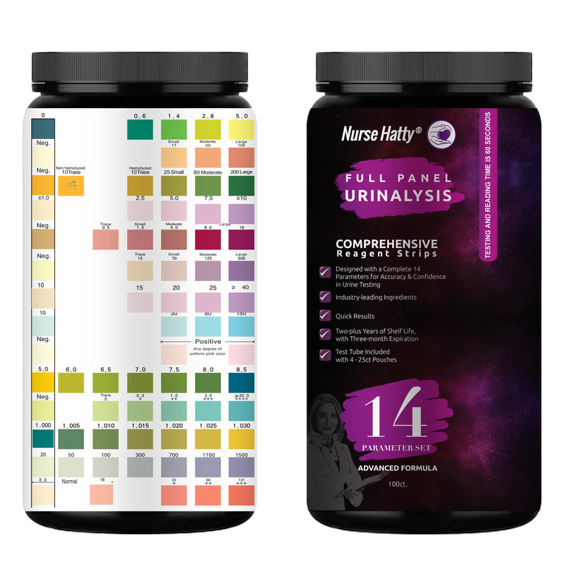 Nurse Hatty 14 Parameter Full Panel Urinalysis Test Strips, Urine Testing for Detection of UTI, Ketosis, pH, Bilirubin, Keto, Vitamin C, Specific Gravity, Ketones & More, 100ct.